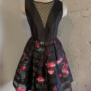 Le Chateau Black Floral Fit-and-Flare Dress with Sheer Polka Dot Bodice